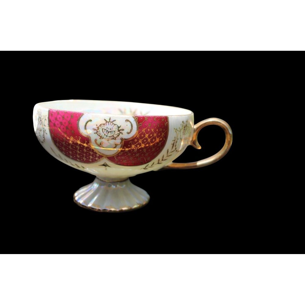 Royal Sealy Vintage Gold & Red Tea Cup & Saucer Set Intricate Cutout Design Perf - Picture 2 of 10